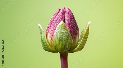 Macro shot of a blooming dark pink dahlia bud with a green background and ample space for text at the top