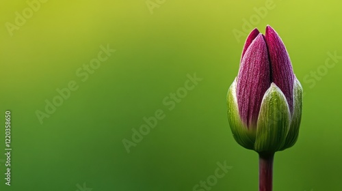 Macro shot of a blooming dark pink dahlia bud with a green background and ample space for text at the top