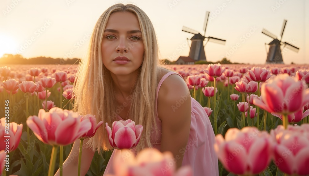 A blonde woman's portrait amidst a pink tulip field at sunset evokes serene beauty and peace, perfect for travel and fashion campaigns. A blonde woman's portrait amidst a pink tulip field at sunset evokes serene beauty and peace, perfect for travel and fashion campaigns.