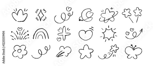 Set of doodle elements with crayon, chalk or pastel texture. Flower, star, arrow, rainbow illustration painted by pastel or pencil. Grunge vector illustration.