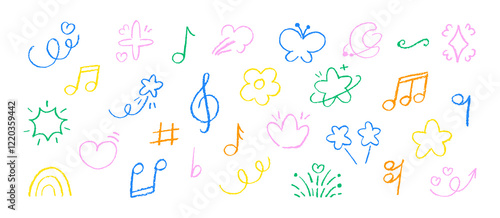 Set of doodle elements with crayon, chalk or pastel texture. Music notes, star, sparkle, rainbow illustration painted by pastel or pencil. Color grunge vector illustration.