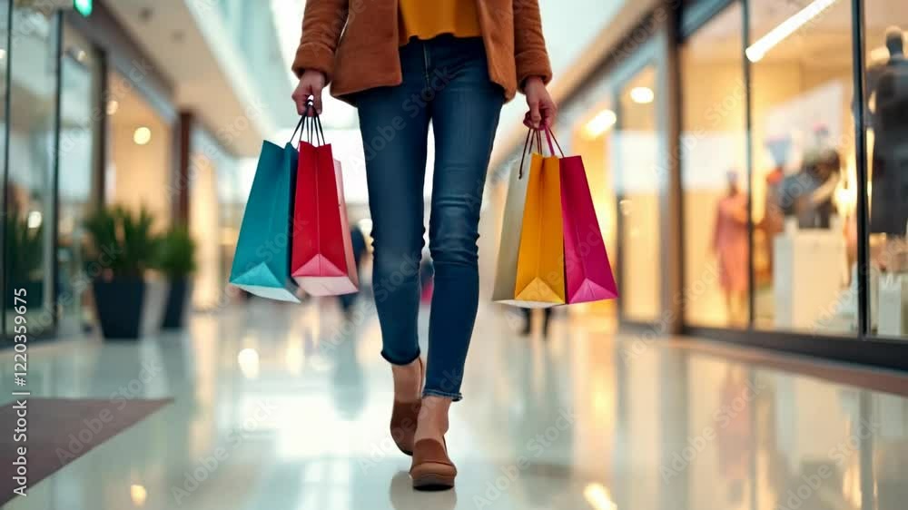 Woman Walking Through a Modern Shopping Mall Carrying Colorful Shopping Bags
