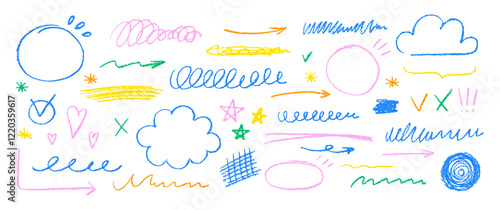 Set of doodle hand drawn elements for text decoration with crayon or pastel texture. Arrows, clouds and bubbles. Color chalk vector illustration on a white background.