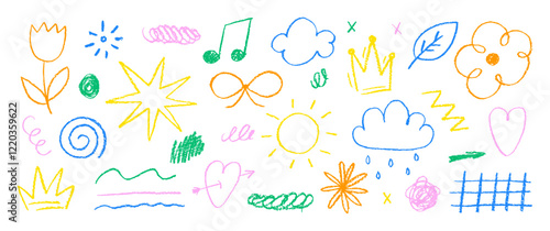 Set of childish elements with crayon texture. Star, music, crown, and flower painted by chalk or pastel. Color doodle vector illustration on a white background.