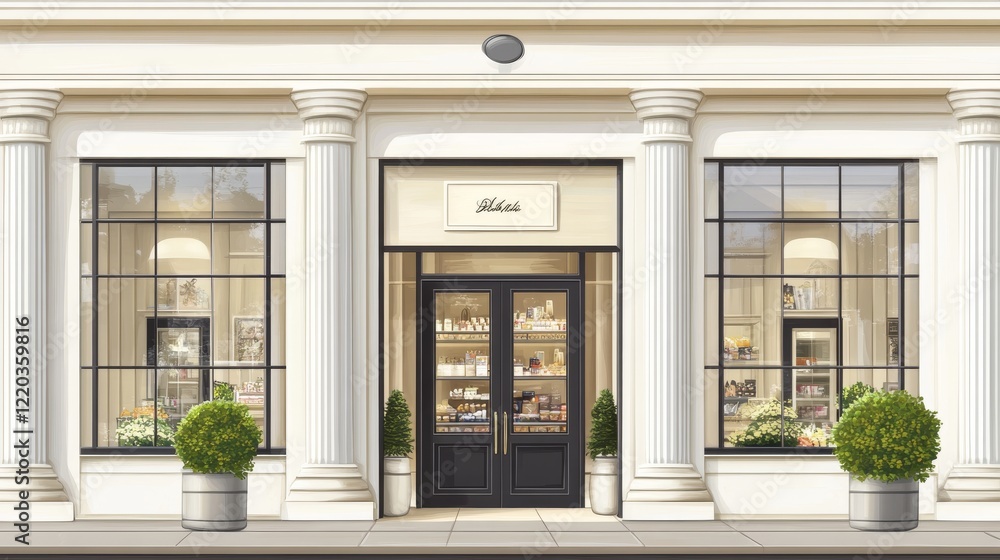 Store front with glass door, windows and white stone columns. Vector realistic mockup of building facade of vintage shop, boutique, market or restaurant with classic showcase Store front with glass door, windows and white stone columns. Vector realistic mockup of building facade of vintage shop, boutique, market or restaurant with classic showcase