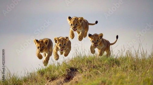 Four lion cubs jumping in mid air over grass, adorable wild animal scene photo