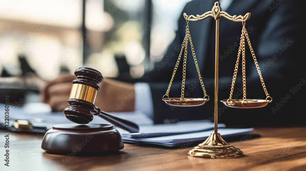 The foreground shows a lawyer's gavel and scales of justice on the table of a lawyer and a law enforcer sitting at work The foreground shows a lawyer's gavel and scales of justice on the table of a lawyer and a law enforcer sitting at work