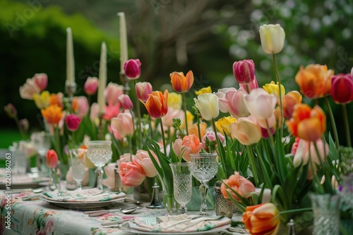 Colorful tulips arranged beautifully on a dining table for a spring celebration with elegant table settings featuring glassware and candles photo