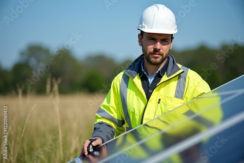 Engineer wearing safety gear inspecting photovoltaic solar panels in an open field environment. Promoting renewable energy and clean technology.