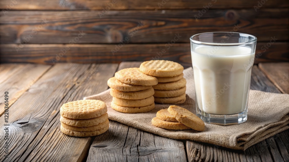 Breakfast shortbread biscuits with glass of milk on rustic wooden table, dining, breakfast table,  dining