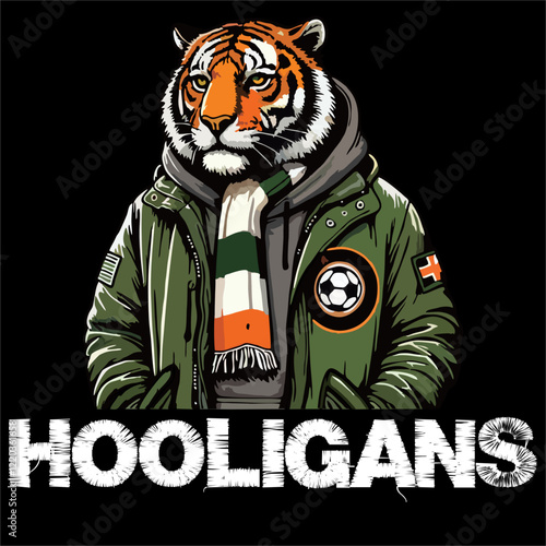 illustration vector graphic of Tiger Head being Football fans ultras hooligan casual wear parka jacket and wear football scarf design for logo, t-shirt, etc