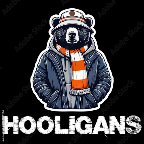 illustration vector graphic of a Bear being Football fans ultras hooligan casual wear parka jacket and wear football scarf design for logo, t-shirt, etc