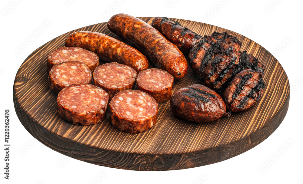 Obraz premium Grilled sausages and meat platter on wooden board, cut out - stock png.