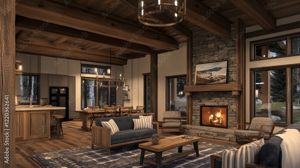 Cozy Rustic Mountain Home Interior Design: A Luxurious Living Room with a Stone Fireplace Cozy Rustic Mountain Home Interior Design: A Luxurious Living Room with a Stone Fireplace