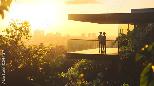 couple silhouetted at sunset overlooking city skyline