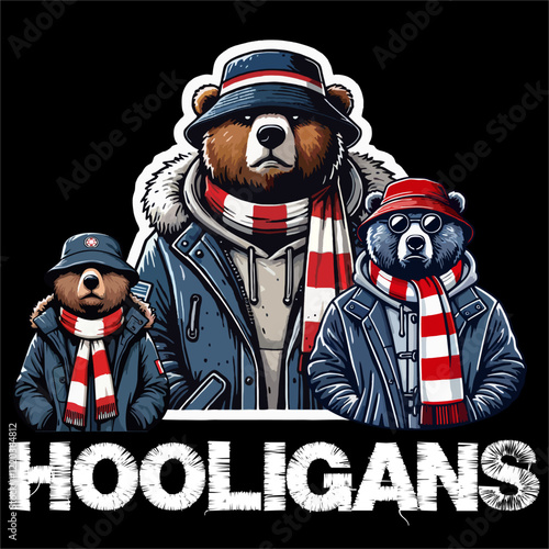 illustration vector graphic of a Bear being Football fans ultras hooligan casual wear parka jacket and wear football scarf design for logo, t-shirt, etc