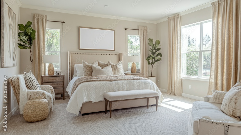 Fototapeta premium Spacious bedroom featuring a blank poster mockup, airy curtains, and a neutral color palette