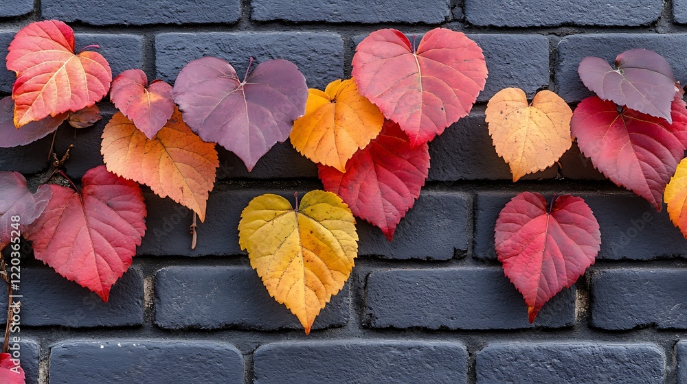 Fototapeta premium A close-up of colorful autumn leaves climbing a brick wall on a quiet urban street.