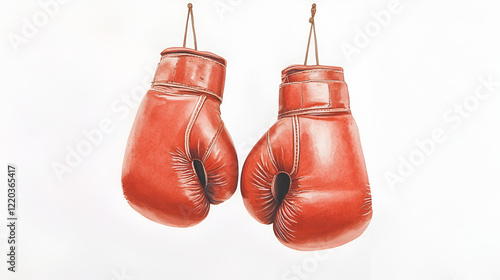 watercolor of Pair of old red leather boxing gloves hanging, cut out isolated on white photo