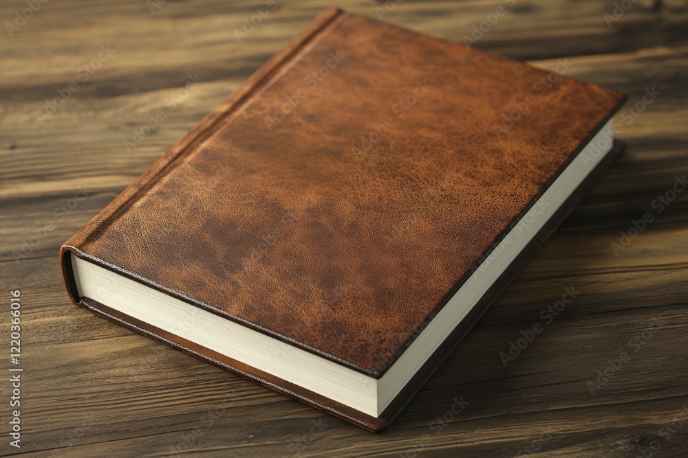 Brown Leather Book on Wooden Surface in Natural Lighting Brown Leather Book on Wooden Surface in Natural Lighting