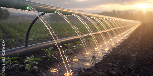 drip irrigation system with illuminated sprinklers watering young plants in a field, serene sunset atmosphere photo