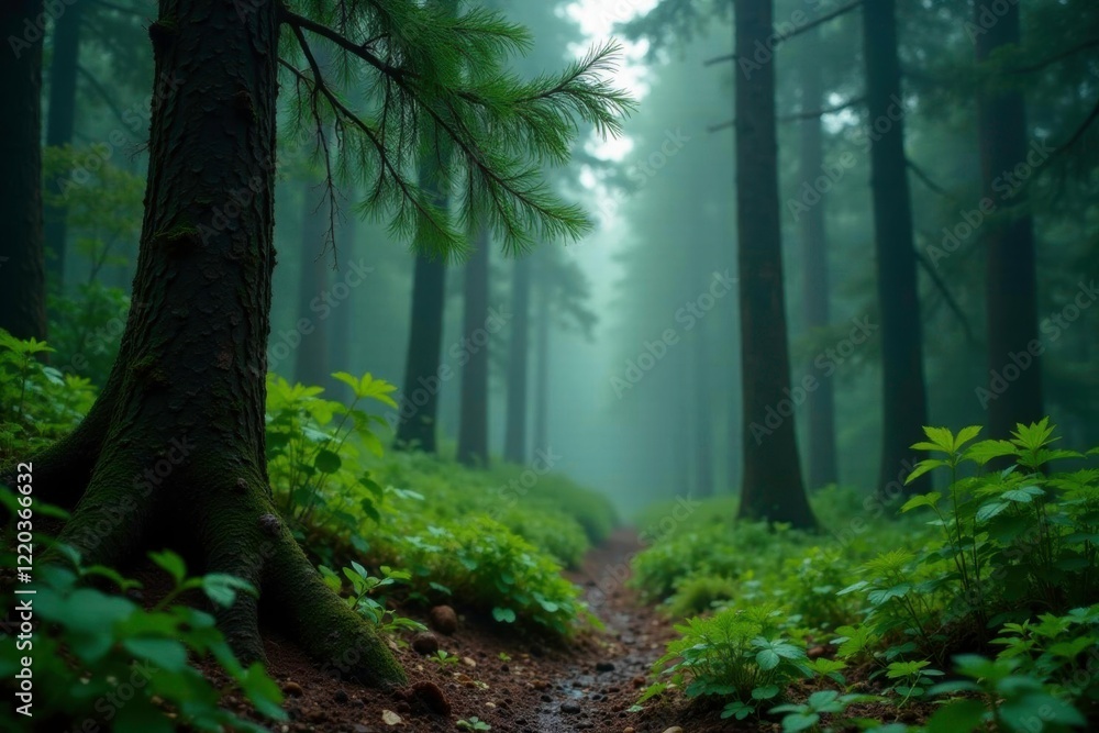 Fototapeta premium Dense coniferous forest canopy with raindrops on needles, tree leaves, forest floor