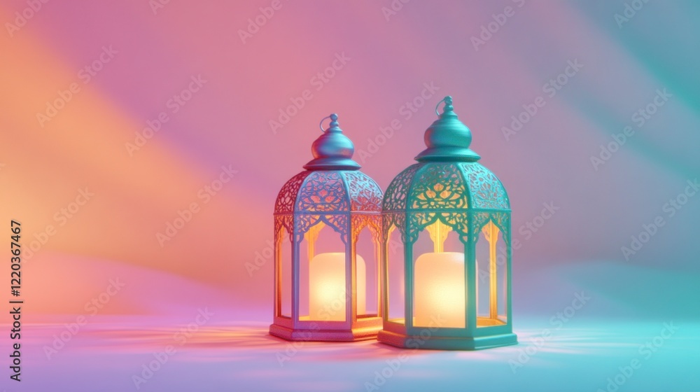Two Ramadan lanterns with colorful lights on a white background. The Muslim holy month offers diverse perspectives, isolated on a pastel background with copy space. Two Ramadan lanterns with colorful lights on a white background. The Muslim holy month offers diverse perspectives, isolated on a pastel background with copy space.