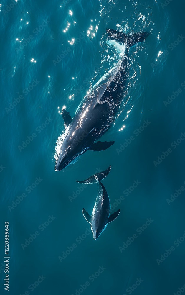 Fototapeta premium A heartwarming scene of a mother whale and her calf swimming together in the vast ocean, under the shimmering light of World Whale Day