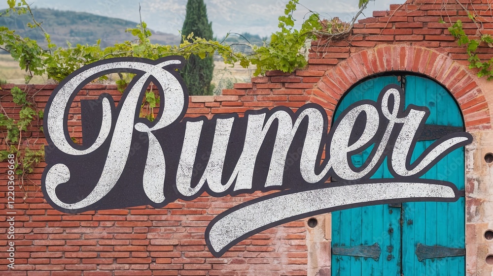 Fototapeta premium name Rumer in white letters on rustic brick wall with blue door