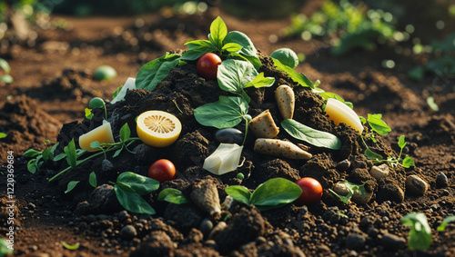 A pile of discarded food scraps and vegetables decomposing in soil representing the concept of food waste and the importance of reducing waste for sustainability