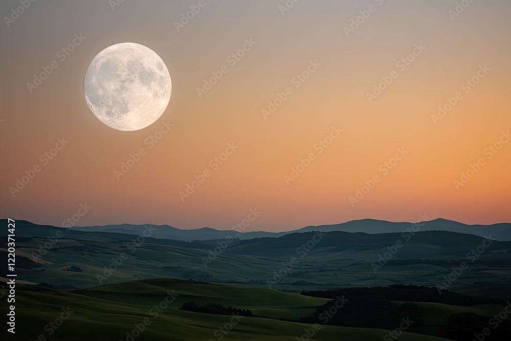 Majestic moon illuminates serene landscape at dusk, creating tra Majestic moon illuminates serene landscape at dusk, creating tra