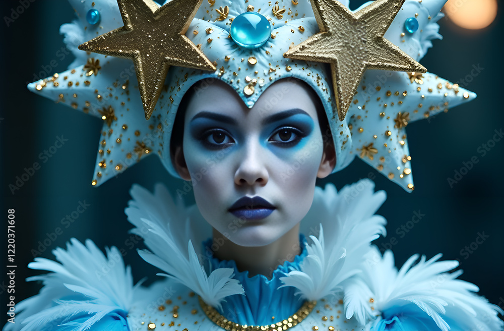 A stunning masked figure in vibrant blue, adorned with intricate gold details that shimmer beautifully