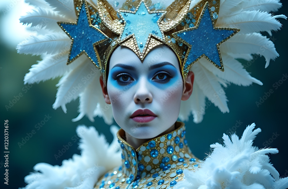 A stunning masked figure in vibrant blue, adorned with intricate gold details that shimmer beautifully