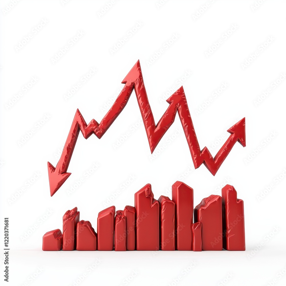 A red graphical representation of fluctuating market trends, showcasing both upward and downward movements in a stylized manner.