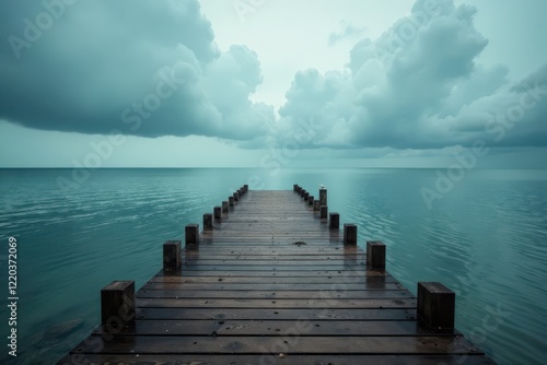 Empty wooden pier extends into a moody sea under a cloudy sky   stormy  wooden  solitude