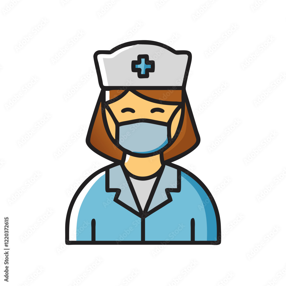 nurse wearing mask and uniform, smiling nurse wearing mask and uniform, smiling