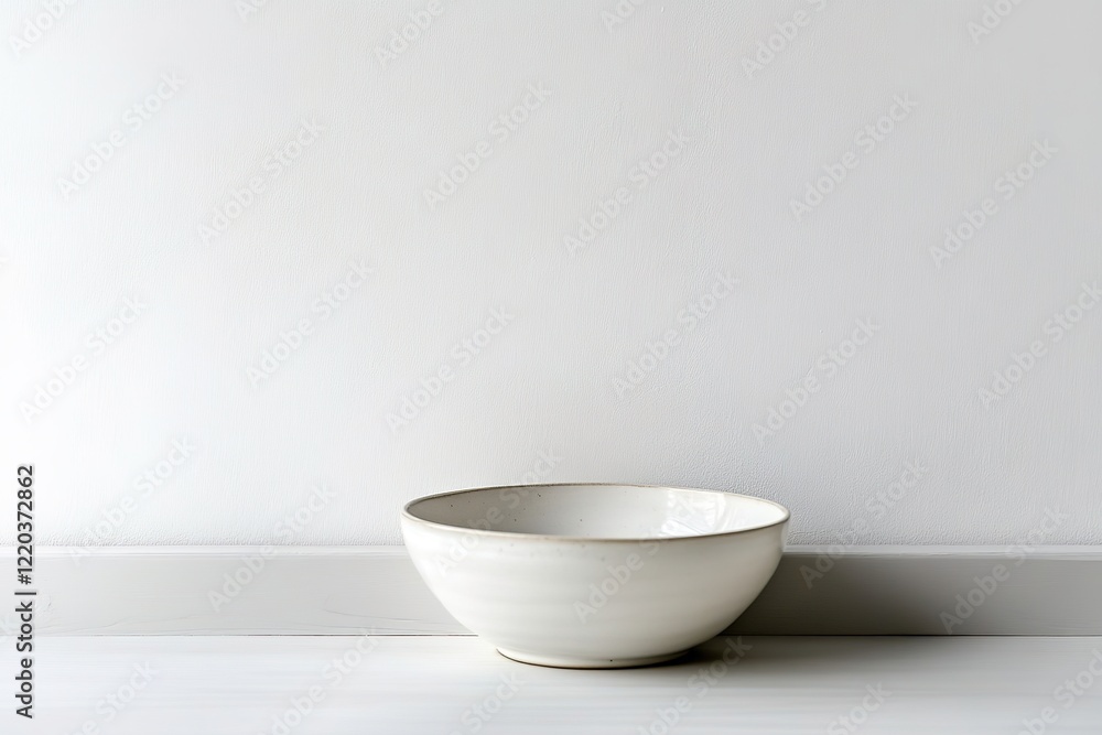 Minimal white bowl on wooden surface against blank backdrop Minimal white bowl on wooden surface against blank backdrop