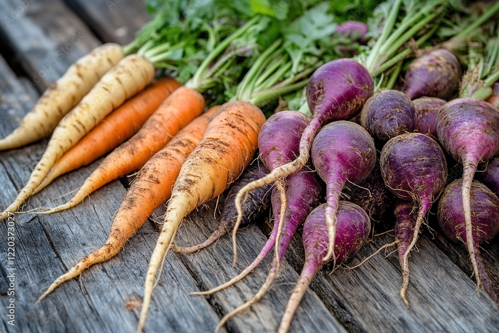 Fresh colorful root vegetables on rustic wood. Fresh colorful root vegetables on rustic wood.