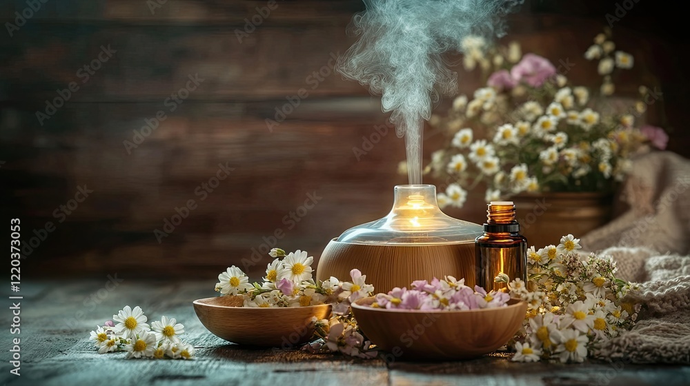 Obraz premium A calming image of a lit aromatherapy diffuser with a small bowl of essential oils and flowers beside it.