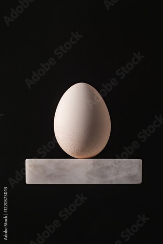 Minimalist design features an egg balanced on marble base agains photo