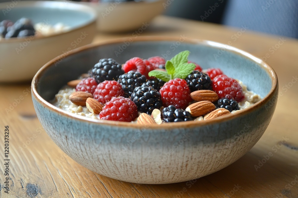 Ceramic bowl with oatmeal, berries, and almonds on table Ceramic bowl with oatmeal, berries, and almonds on table