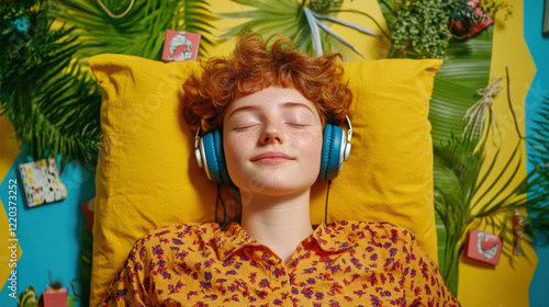 Reduced Anxiety, A serene image of a person resting on their back in a tranquil room, ideal for wellness, relaxation, and lifestyle themes in stock photography. photo