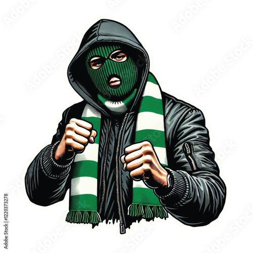 Ultras hooligan football supporters wearing balaclavas and hoodies, wearing football scarves on transparent background. Design for posters and stickers.