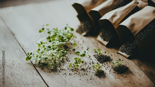 Fresh herbs scattered on wooden surface next to eco-friendly pac photo