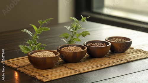 Wallpaper Mural A calm, zen-inspired arrangement of whole grains, nuts, and seeds in small wooden bowls on a bamboo mat. Torontodigital.ca
