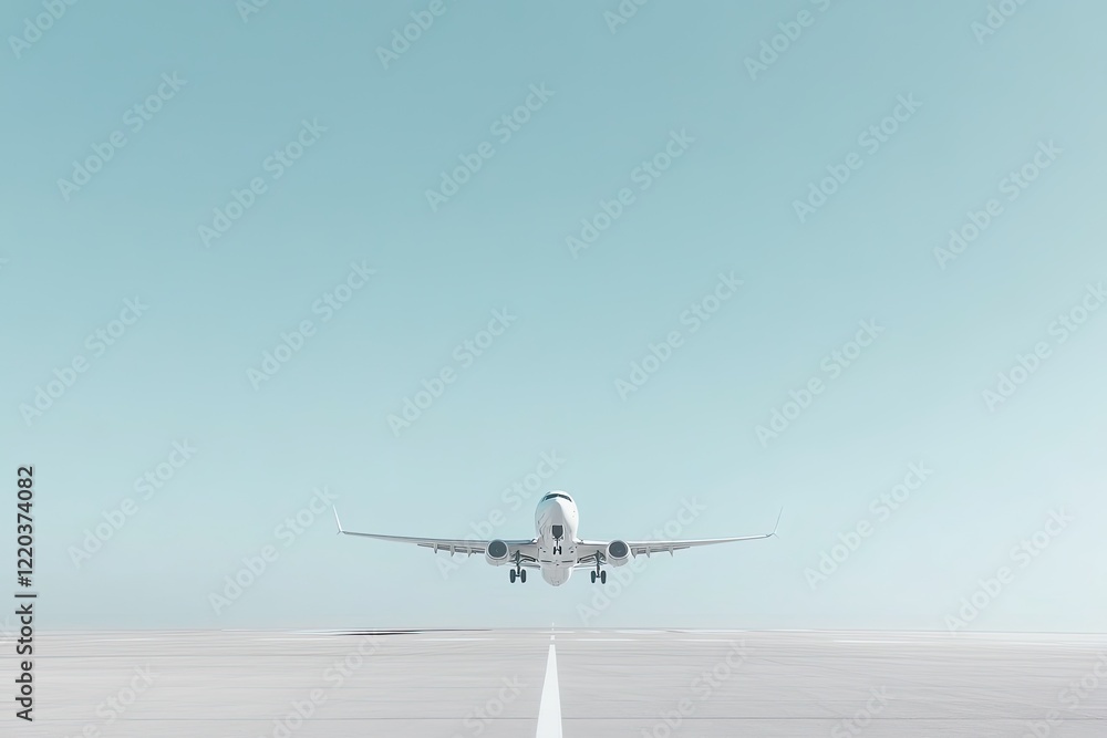 Fototapeta premium Airplane approaching runway under clear blue sky, showcasing mod