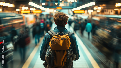A lone traveler with their back to the camera, standing in an busy train station platform surrounded by people moving fast and blurred out of focus. Ai generated