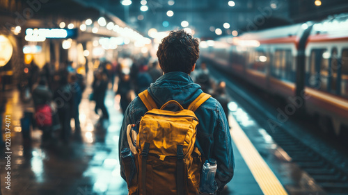 A lone traveler with their back to the camera, standing in an busy train station platform surrounded by people moving fast and blurred out of focus. Ai generated