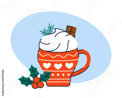 Hot winter drink in a cup with cream and chocolate. Warm cozy winter. Vector illustration