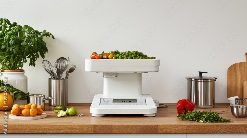 A clean modern kitchen counter featuring a digital food scale, measuring cups, and fresh produce. A clean modern kitchen counter featuring a digital food scale, measuring cups, and fresh produce.